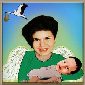 Caricature of midwife with baby