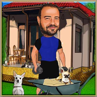 Caricature of a man with two dogs